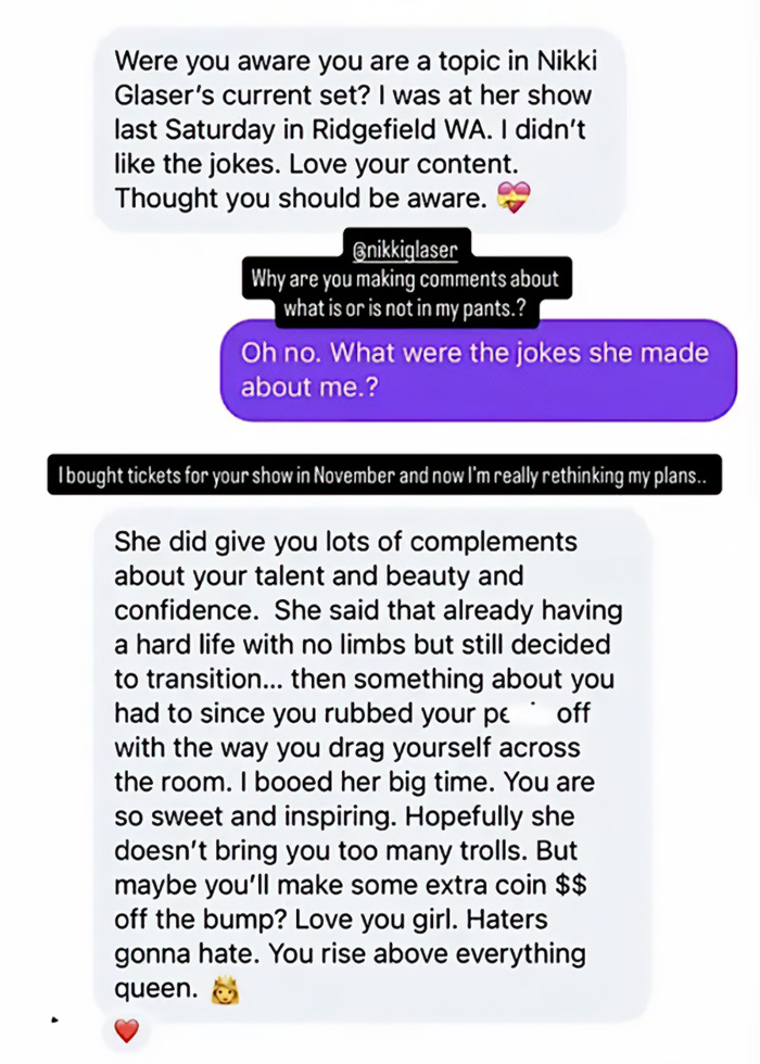 Private DMs of trans influencer born without limbs discussing an inappropriate joke. Private DMs of trans influencer born without limbs discussing an inappropriate joke.