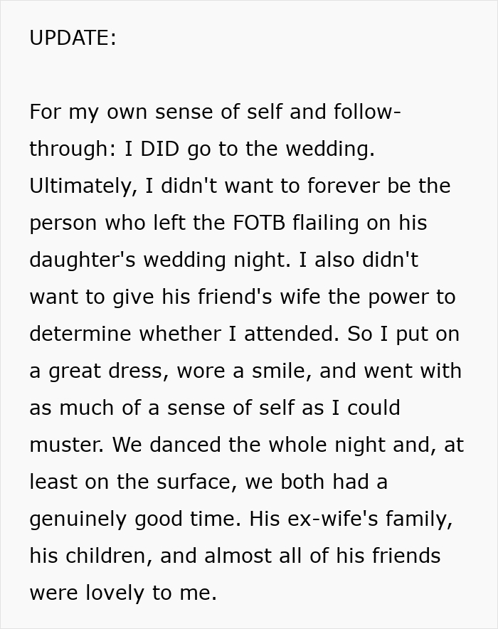 An update post on social media detailing the decision to attend the wedding. An update post on social media detailing the decision to attend the wedding.