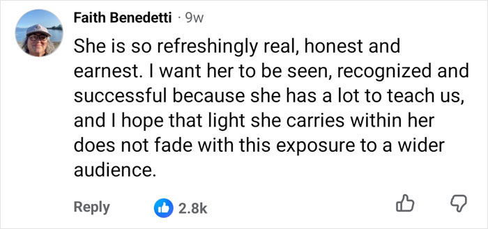 A supportive comment expressing praise and encouragement for creator Lovina Zook, who grew up Amish. A supportive comment expressing praise and encouragement for creator Lovina Zook, who grew up Amish.