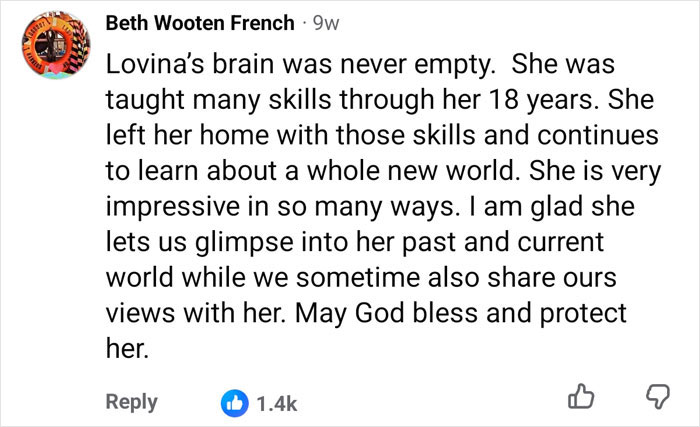 A supportive social media comment praising Lovina Zook and her life skills after growing Amish. A supportive social media comment praising Lovina Zook and her life skills after growing Amish.