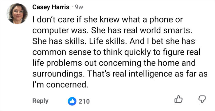 Social media comment highlighting Lovina Zook's real-world smarts and life skills after growing Amish. Social media comment highlighting Lovina Zook's real-world smarts and life skills after growing Amish.