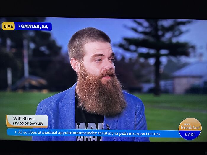 A news broadcast featuring a man with a large beard named Will Shave, one of life's absurd moments.