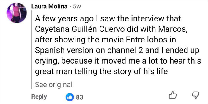A viewer comment about being moved to tears by the interview and movie about Marcos Rodríguez Pantoja, raised by wolves. A viewer comment about being moved to tears by the interview and movie about Marcos Rodríguez Pantoja, raised by wolves.