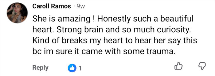 A supportive social media comment praising Lovina Zook for her strong brain and curiosity after growing up Amish. A supportive social media comment praising Lovina Zook for her strong brain and curiosity after growing up Amish.