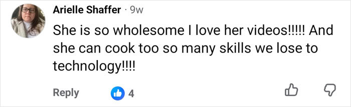 A fan comment praising former Amish content creator Lovina Zook for her wholesome videos and cooking skills. A fan comment praising former Amish content creator Lovina Zook for her wholesome videos and cooking skills.