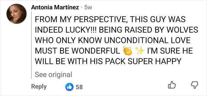 A comment on Facebook about a boy raised by wolves having unconditional love A comment on Facebook about a boy raised by wolves having unconditional love