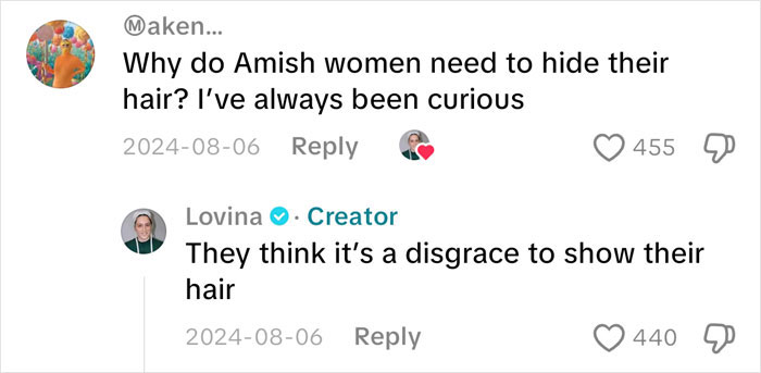 Screenshot of a comment questioning why Amish women hide their hair with Lovina Zook replying Screenshot of a comment questioning why Amish women hide their hair with Lovina Zook replying
