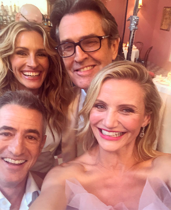 Cameron Diaz taking a selfie with celebrity friends, highlighting discussions on Cameron Diaz aging.