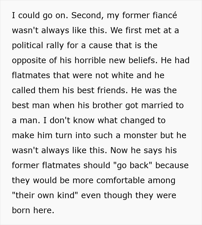 A woman recounts why she cannot marry her fiancé because of his radical changes. A woman recounts why she cannot marry her fiancé because of his radical changes.