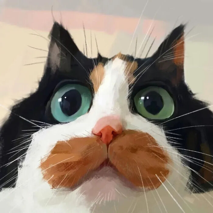 Fun caricature of a calico cat with large green eyes