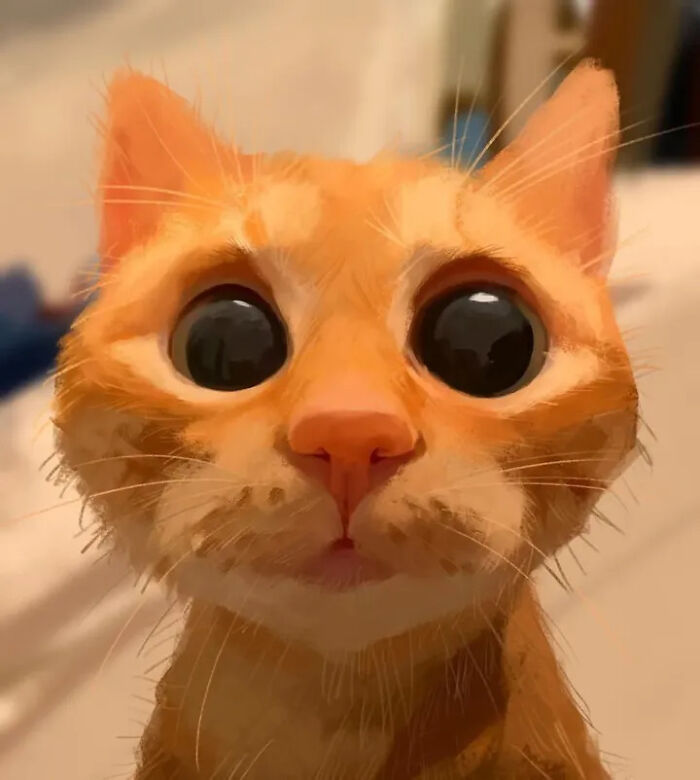 Caricature of an orange cat with exaggerated big eyes