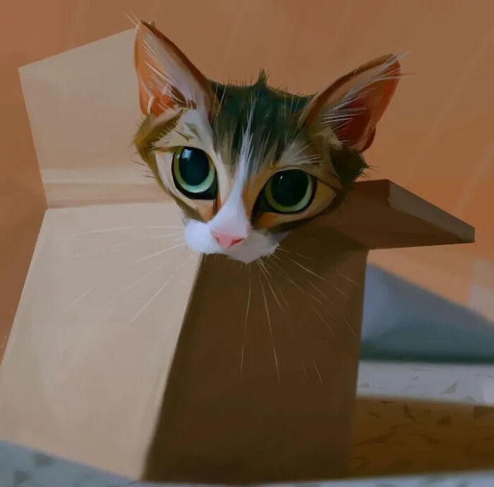 Cat with large green eyes peeking out of a cardboard box illustration