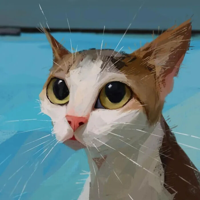 Caricature of a cat with large yellow eyes looking up against blue background