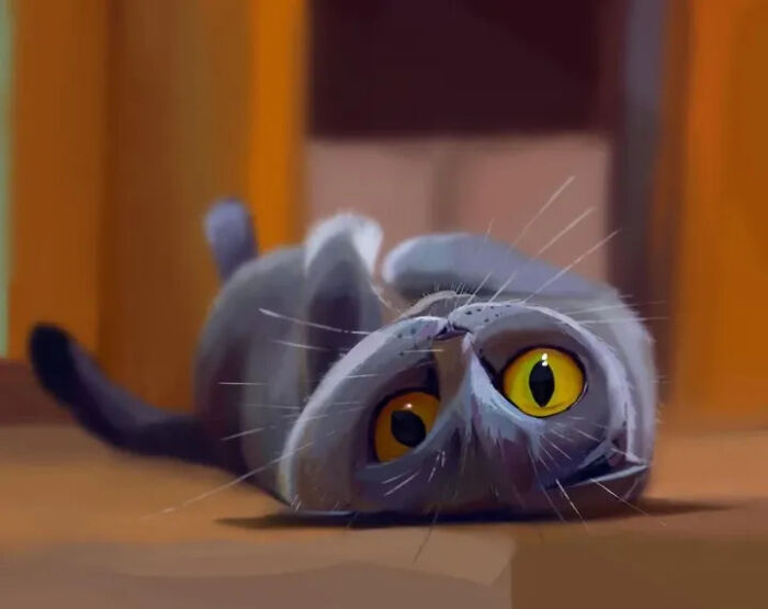 Digital illustration of a playful gray cat lying on its back with big yellow eyes