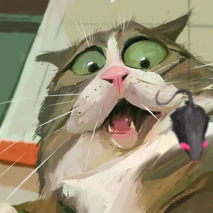 Caricature of a cat with exaggerated green eyes surprised by a mouse