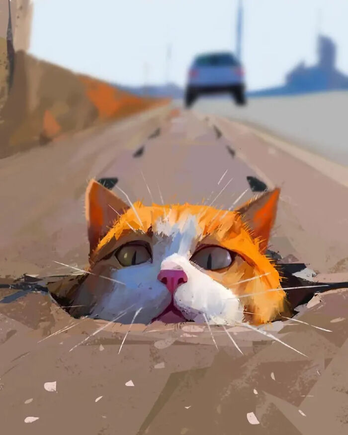 Cat caricature peeking from road crack in playful digital illustration