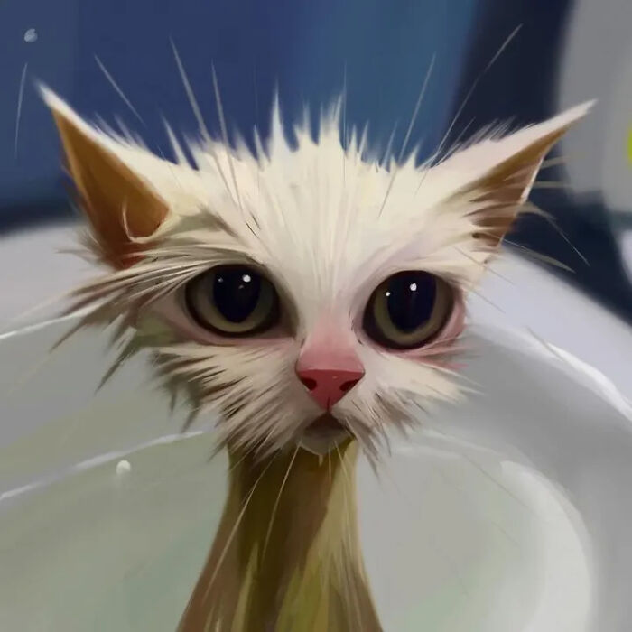 Wet cat caricature with large eyes in exaggerated digital art