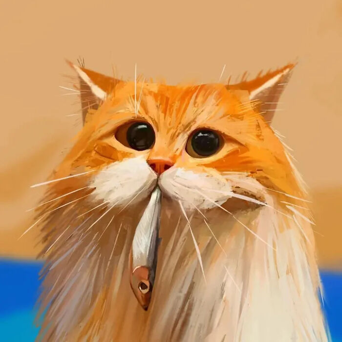 Exaggerated cat caricature with a fish in its mouth in digital art style