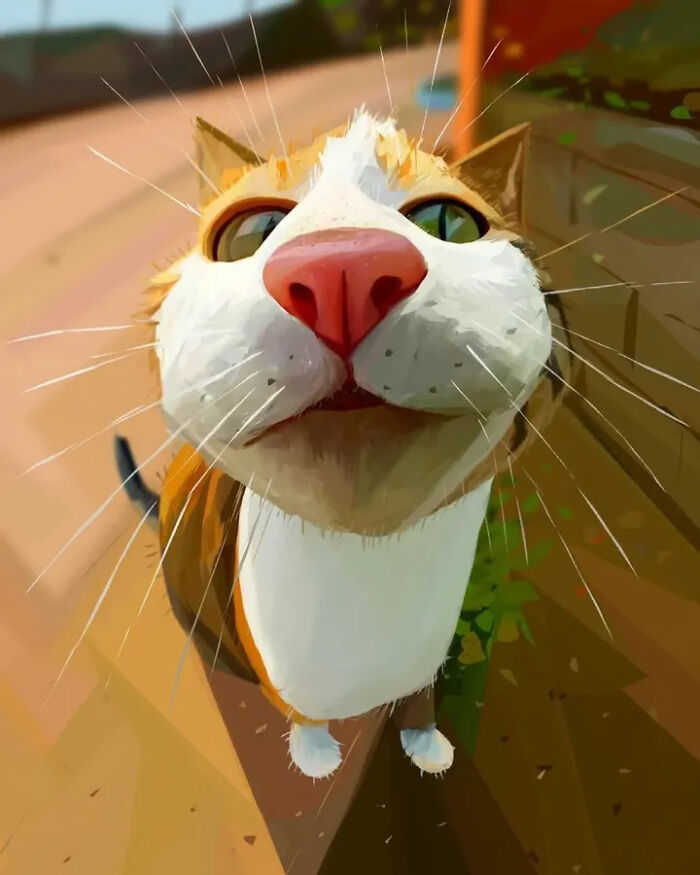 Wide-angle caricature of cat with a prominent pink nose