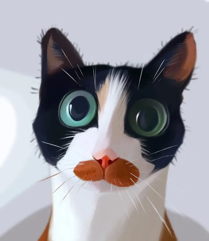 Exaggerated caricature of black and white cat with large green eyes