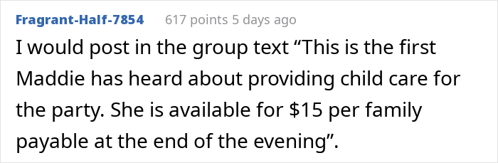 Reddit comment regarding an entitled aunt Halloween invite, suggesting a group text about childcare payment.