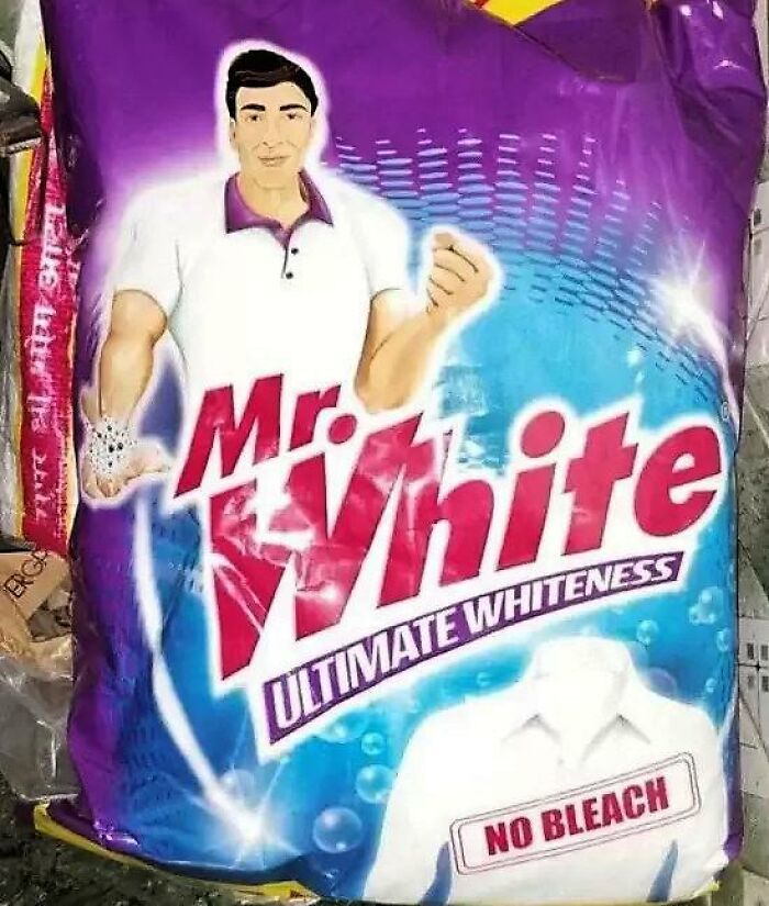 A laundry detergent bag with a mascot for an advertising fail.