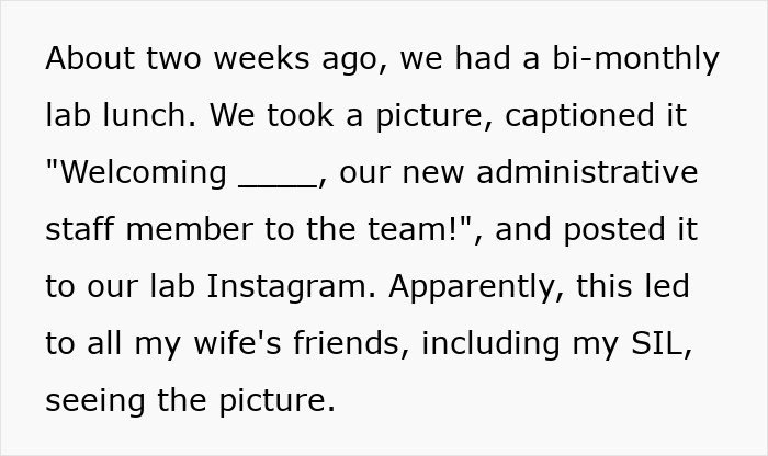 A screenshot of a text post discussing a lab lunch post seen by a woman s friends A screenshot of a text post discussing a lab lunch post seen by a woman s friends