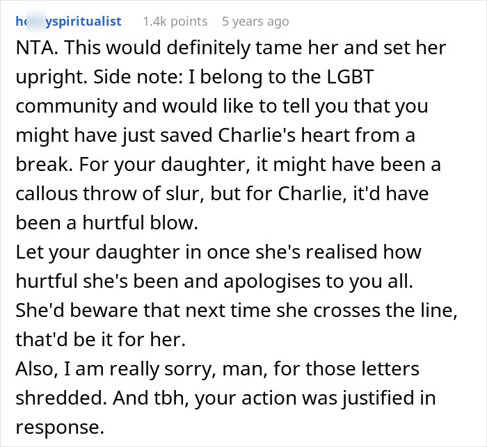 Reddit comment supporting a dad after his daughter's cruel outburst and harmful behavior. Reddit comment supporting a dad after his daughter's cruel outburst and harmful behavior.