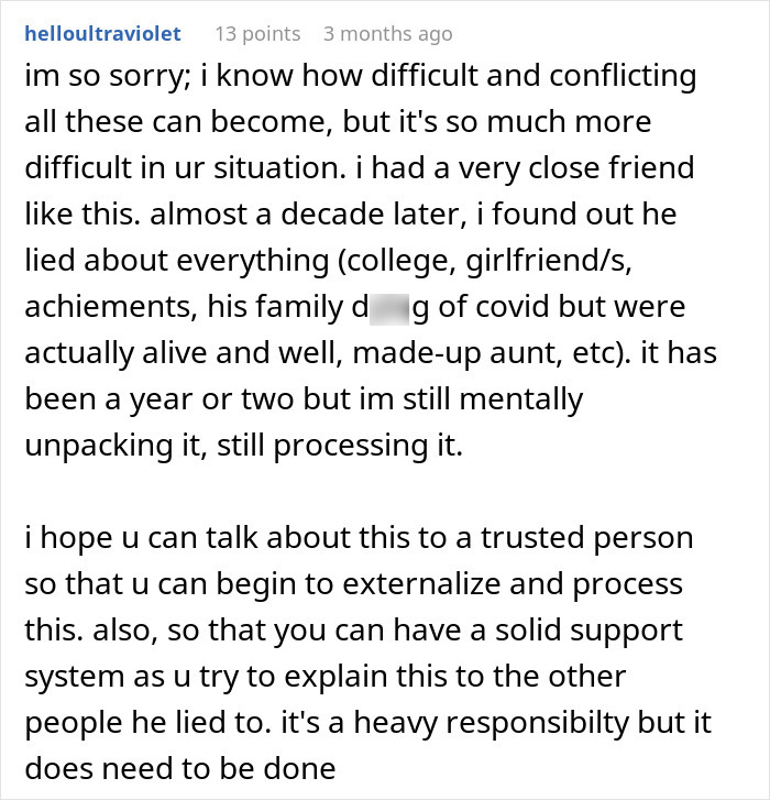 A detailed comment sharing a story about uncovering lies before an ex's funeral. A detailed comment sharing a story about uncovering lies before an ex's funeral.