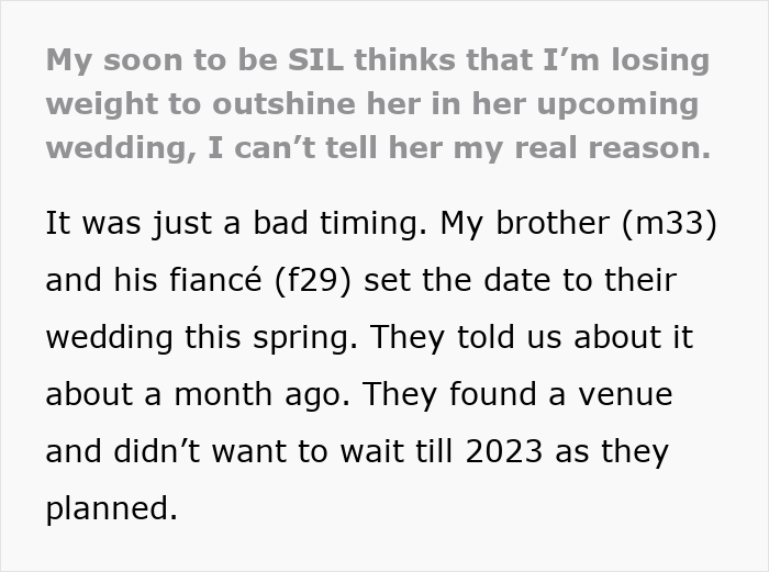 Text excerpt discussing sister-in-law losing weight before wedding Text excerpt discussing sister-in-law losing weight before wedding