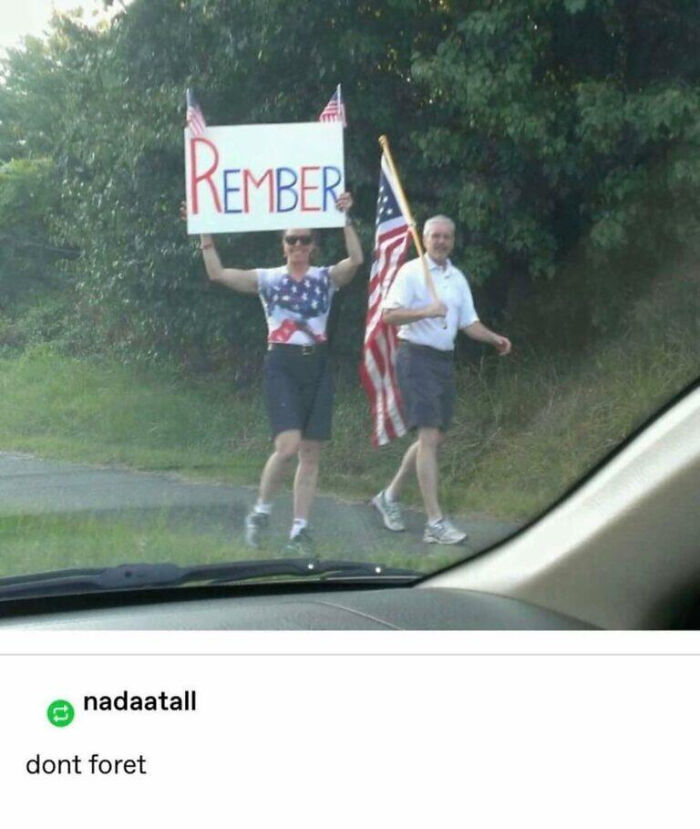 Two people holding American flags and a sign reading REMBER, illustrating an advertising fail.