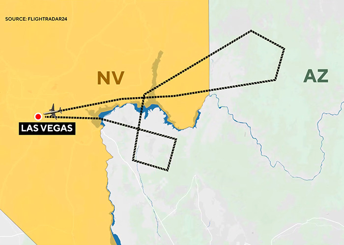 Flight path map showing a United flight turning around near Las Vegas. Flight path map showing a United flight turning around near Las Vegas.
