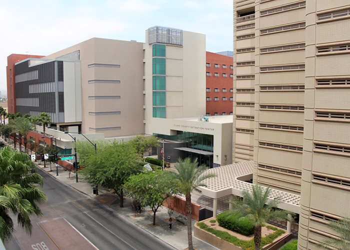 An exterior view of the Clark County Detention Center where a passenger from a United flight was taken. An exterior view of the Clark County Detention Center where a passenger from a United flight was taken.