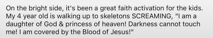 A text screenshot about a parent claiming a toddler shouted religious phrases at scary Halloween decorations.