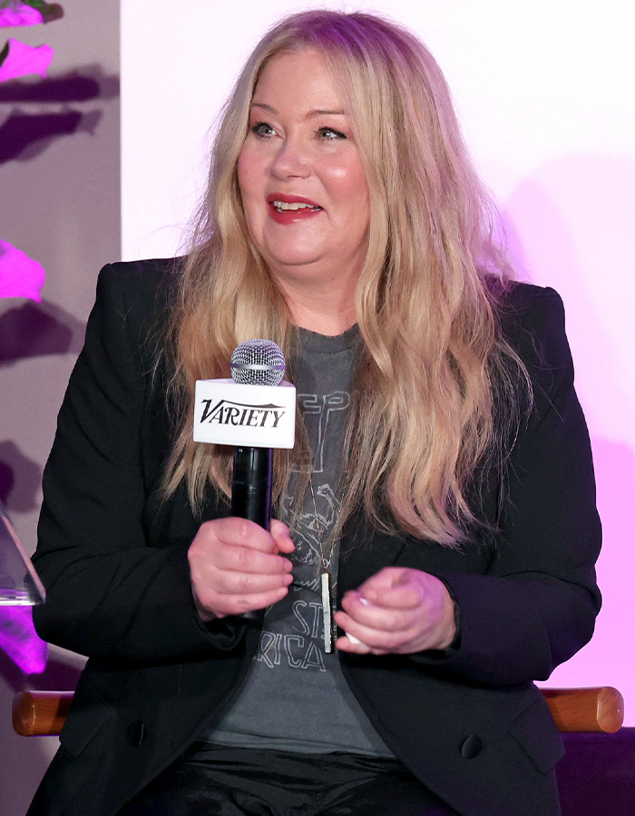 Christina Applegate speaking into a Variety microphone at a panel event about her MS diagnosis. Christina Applegate speaking into a Variety microphone at a panel event about her MS diagnosis.