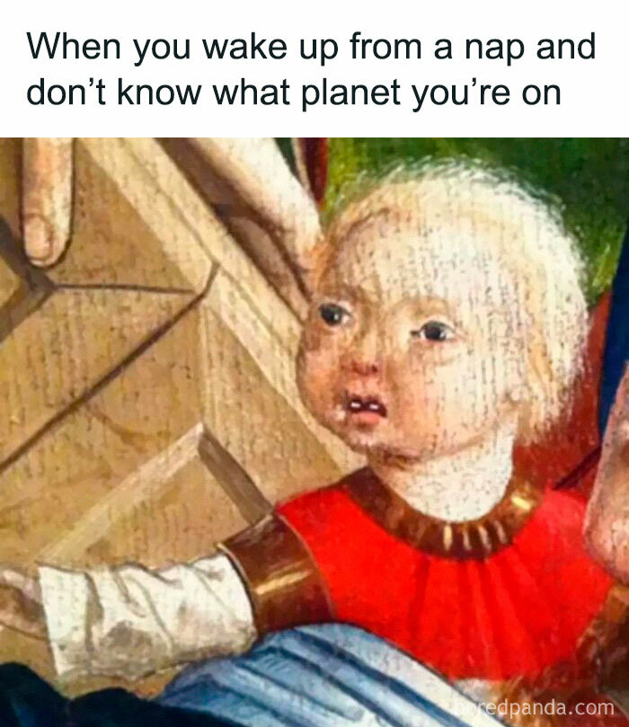 Classical art meme of a dazed medieval child looking confused after waking up from a nap.