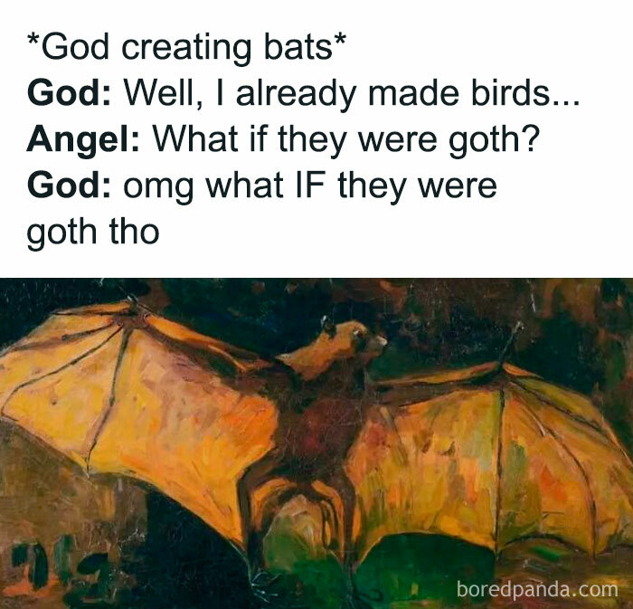 An oil painting of a bat depicting goth birds from classical art memes