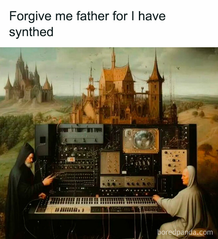 Monks playing a synthesizer in front of a castle representing history and classical art memes