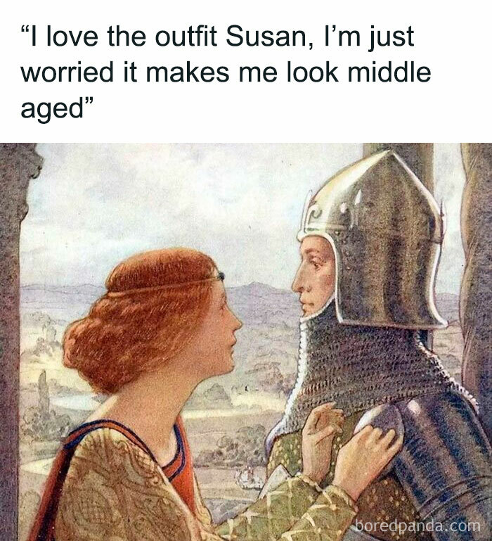 Medieval painting of a lady and a knight with classical art memes caption about looking middle aged.