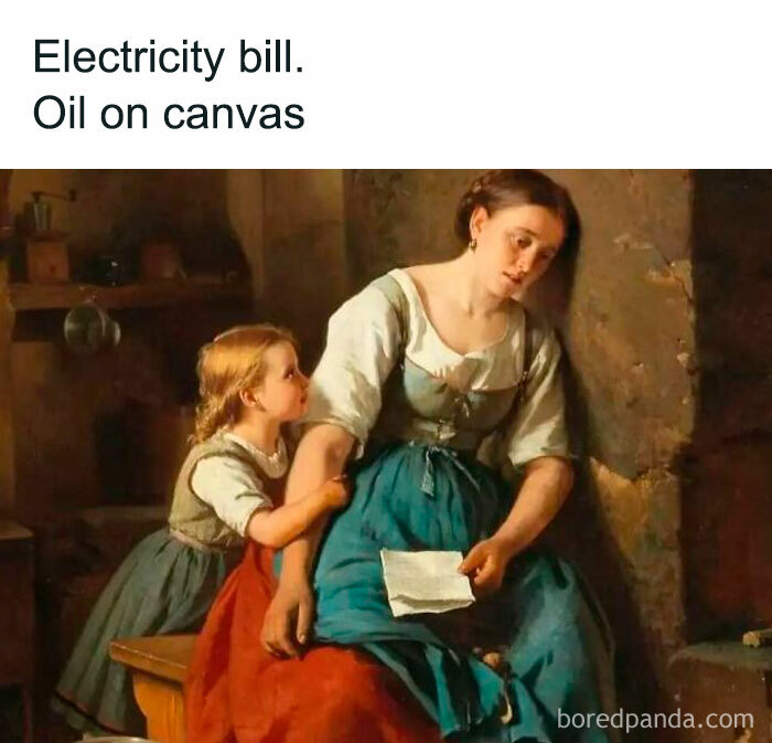 Classical art meme of a worried mother and daughter holding a paper slip with an electricity bill joke