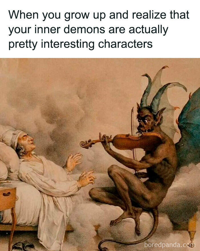 A classical art meme depicting a devil-like creature playing the violin beside a sleeping man