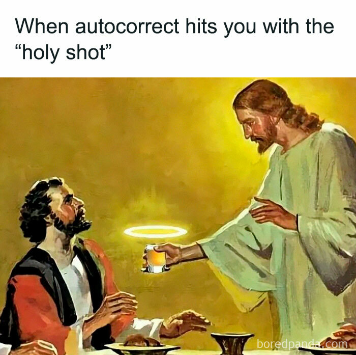 A humorous classical art meme featuring Jesus handing a glowing shot glass to a man