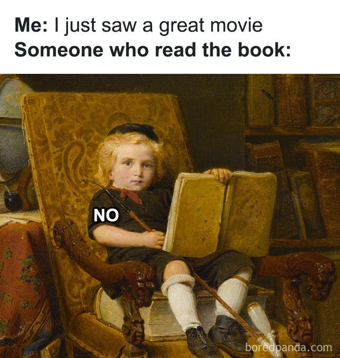 Classical art meme showing a child holding an open book looking judgmental with the word no.