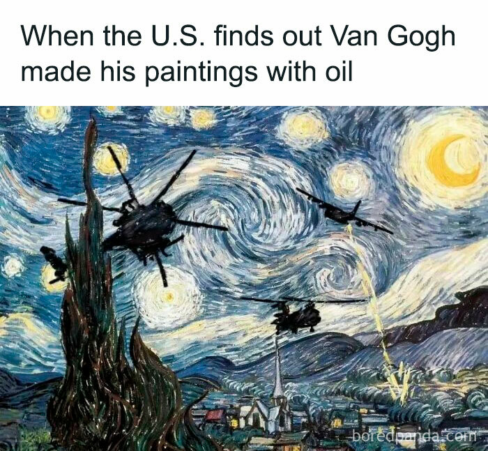 A history and classical art meme depicting military helicopters flying through Van Goghs Starry Night painting
