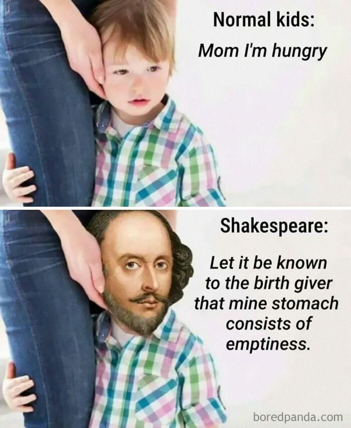 Classical art meme showing Shakespeare's head on a child's body speaking dramatically about being hungry.