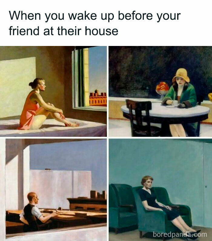 Classical art meme featuring a four-panel grid of people waiting and sitting alone