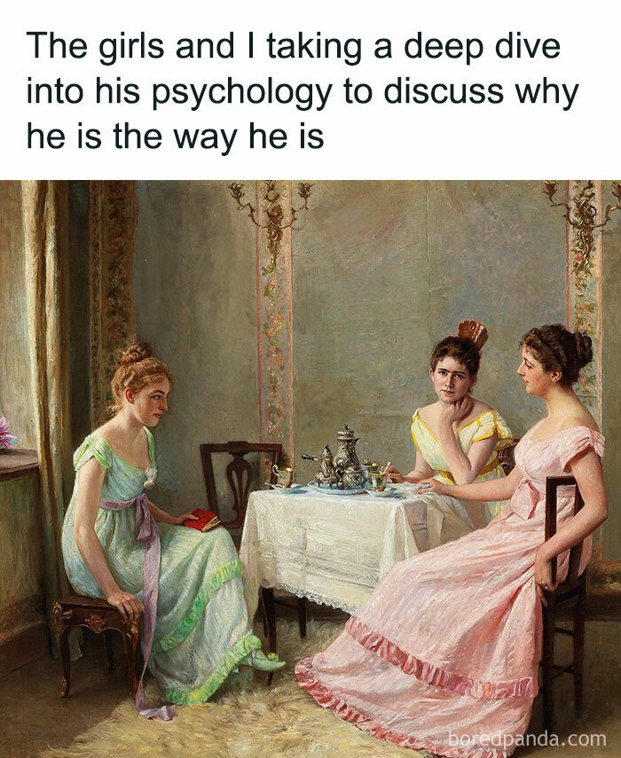Three elegant ladies in 19th-century dresses having tea in a classical art meme about psychology
