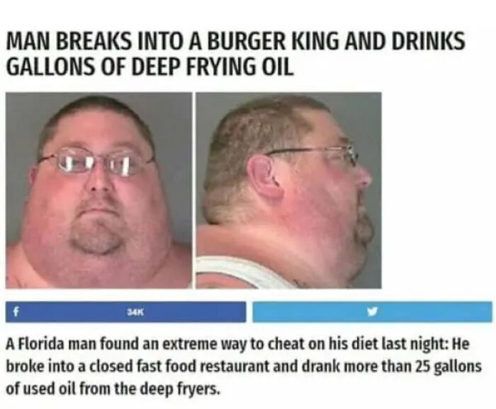 Mugshot of a man with glasses next to text about unhinged news headlines of eating 25 gallons of oil.