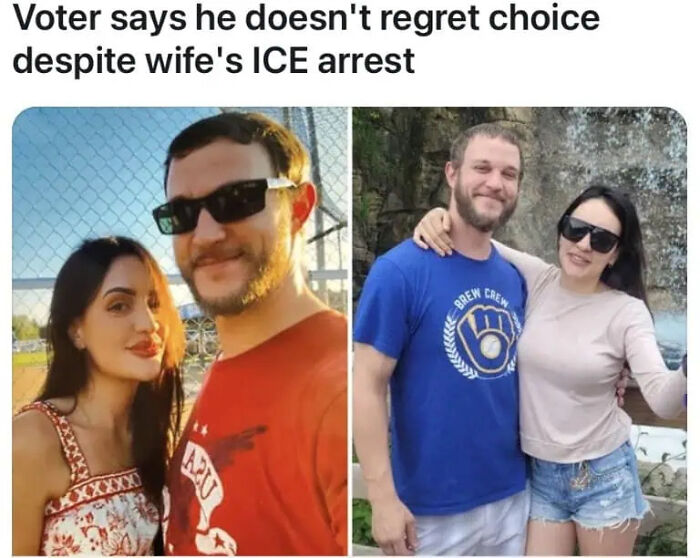 Unhinged news headlines about a voter who does not regret his choice despite his wife's ICE arrest.