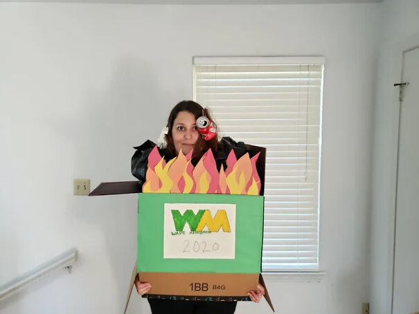 A creative homemade dumpster fire 2020 Halloween costume idea.